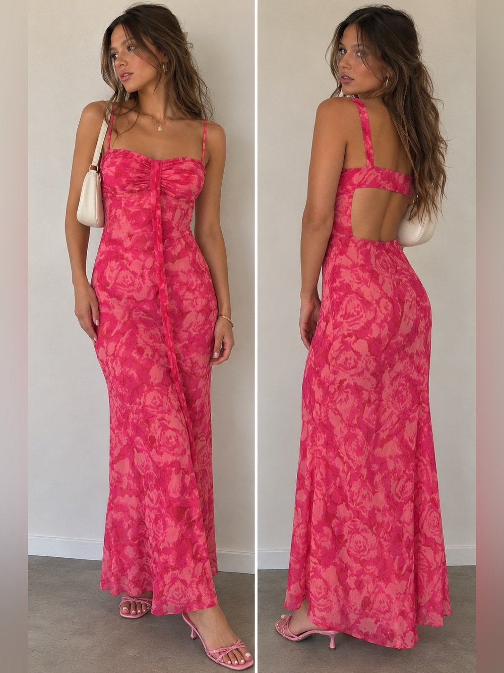 Sexy Glam Vacation Fairy Pink Floral Cutout Maxi Dress